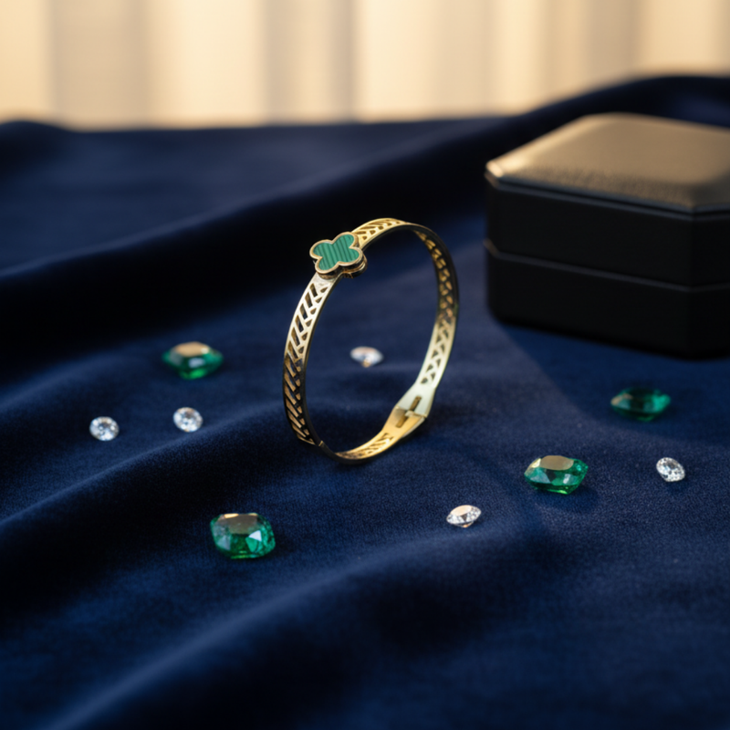 Gold Plated Bracelet for Women | Green Clover Stone Adjustable Designer Bracelet – Mehak Fashion Label